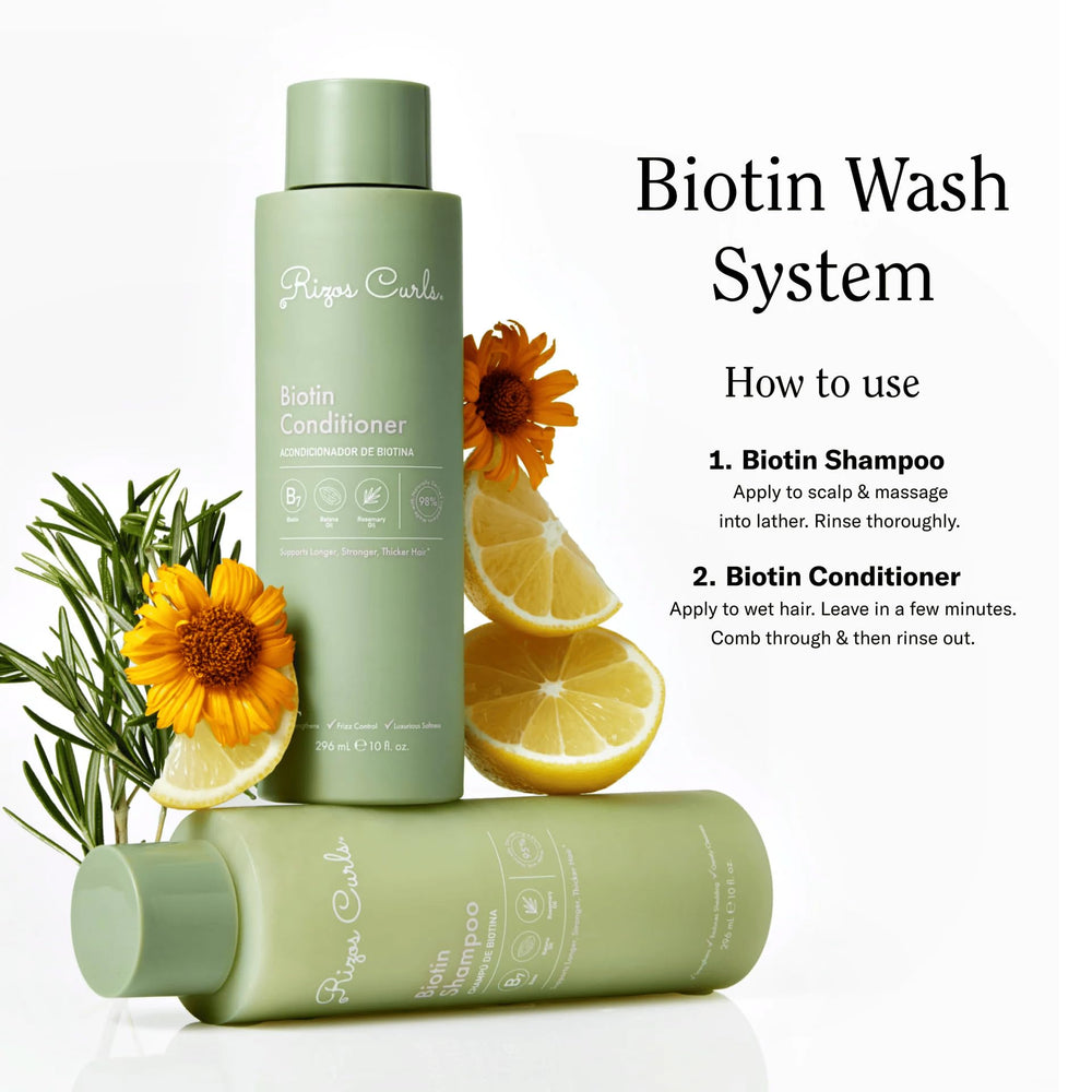 Rizos Curls Biotin Wash Bundle pour image shows easy dispense for a quick shower routine.