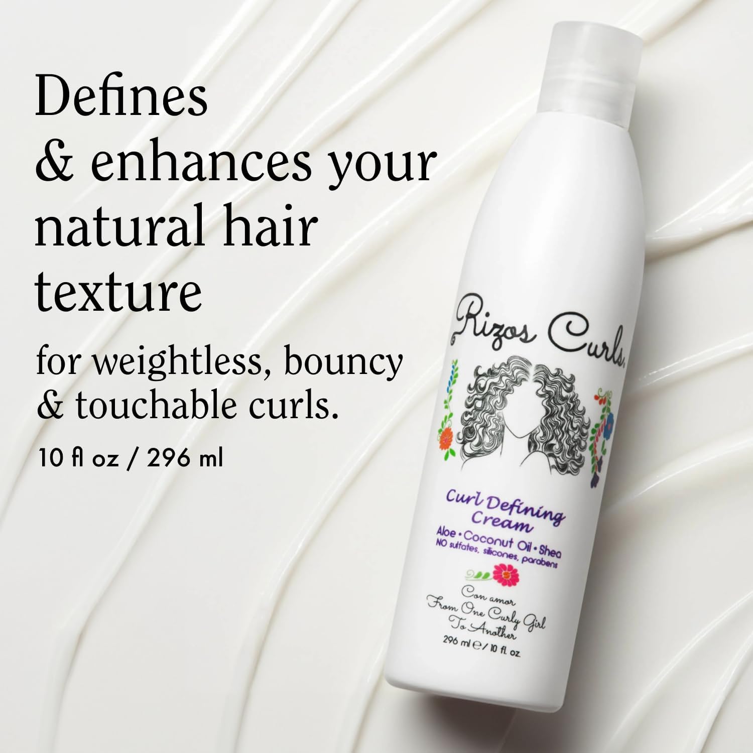 Rizos Curls Curl Defining Cream texture closeup for soft, non-greasy hold.