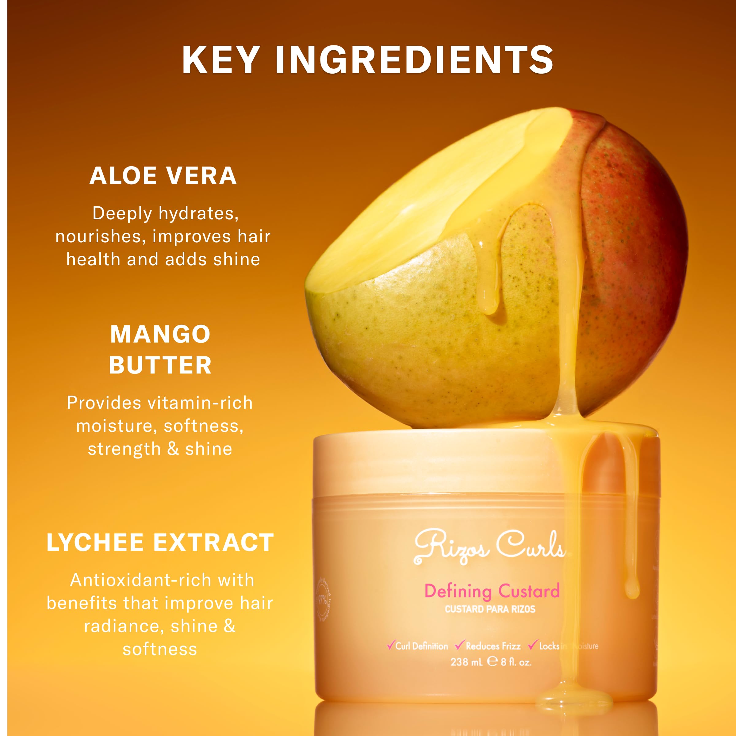 Rizos Curls Defining Custard shine on hair for soft definition.