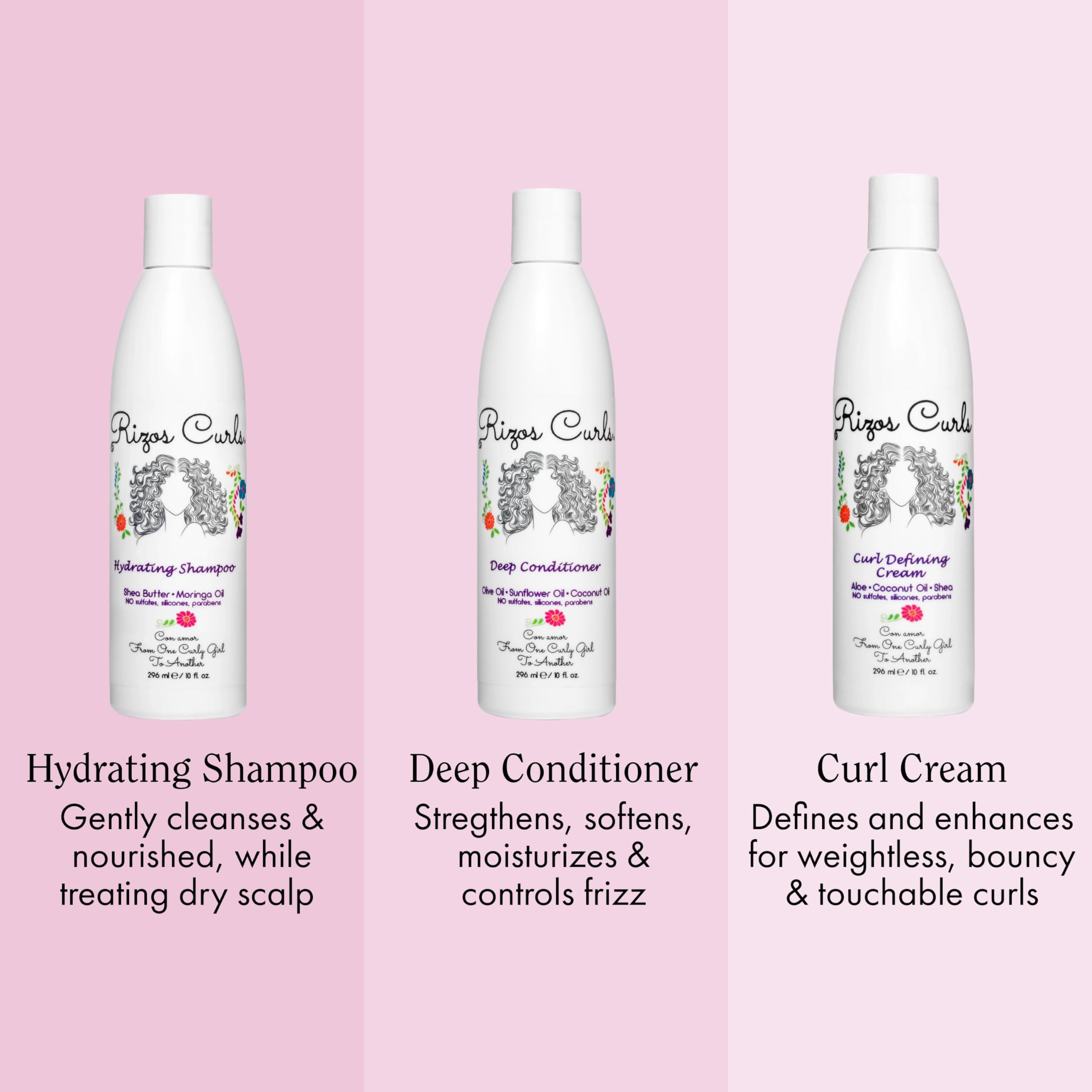 Rizos Curls hydrating shampoo bottle promotes moisture for all curl types