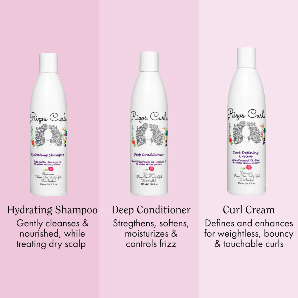Rizos Curls hydrating shampoo bottle promotes moisture for all curl types