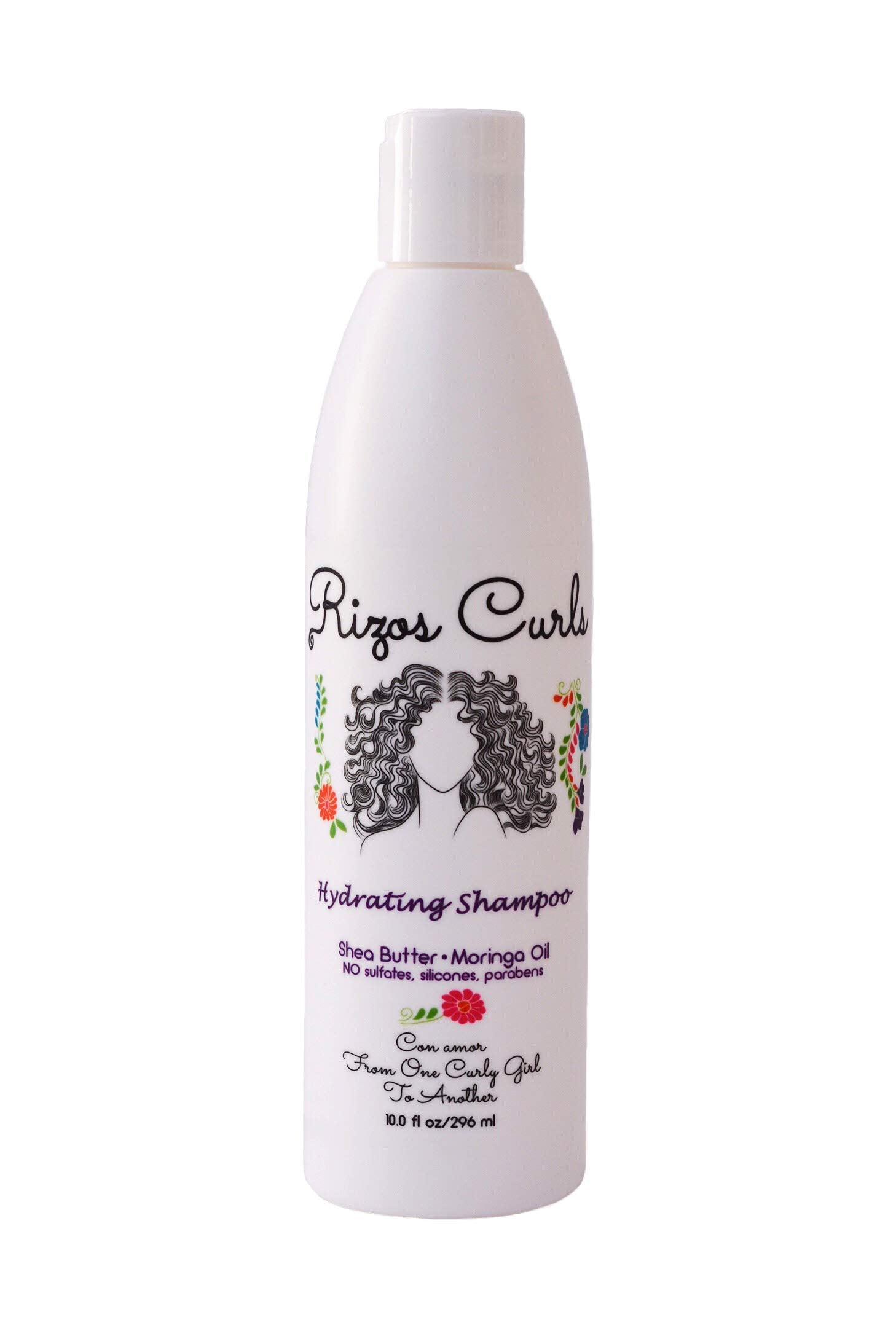 Rizos Curls Hydrating Shampoo bottle front view highlighting moisturizing formula for curls.