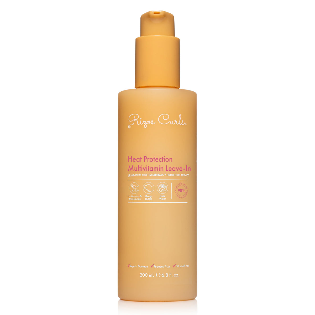 Rizos Curls multivitamin leave-in bottle closeup showcasing nourishing heat protection