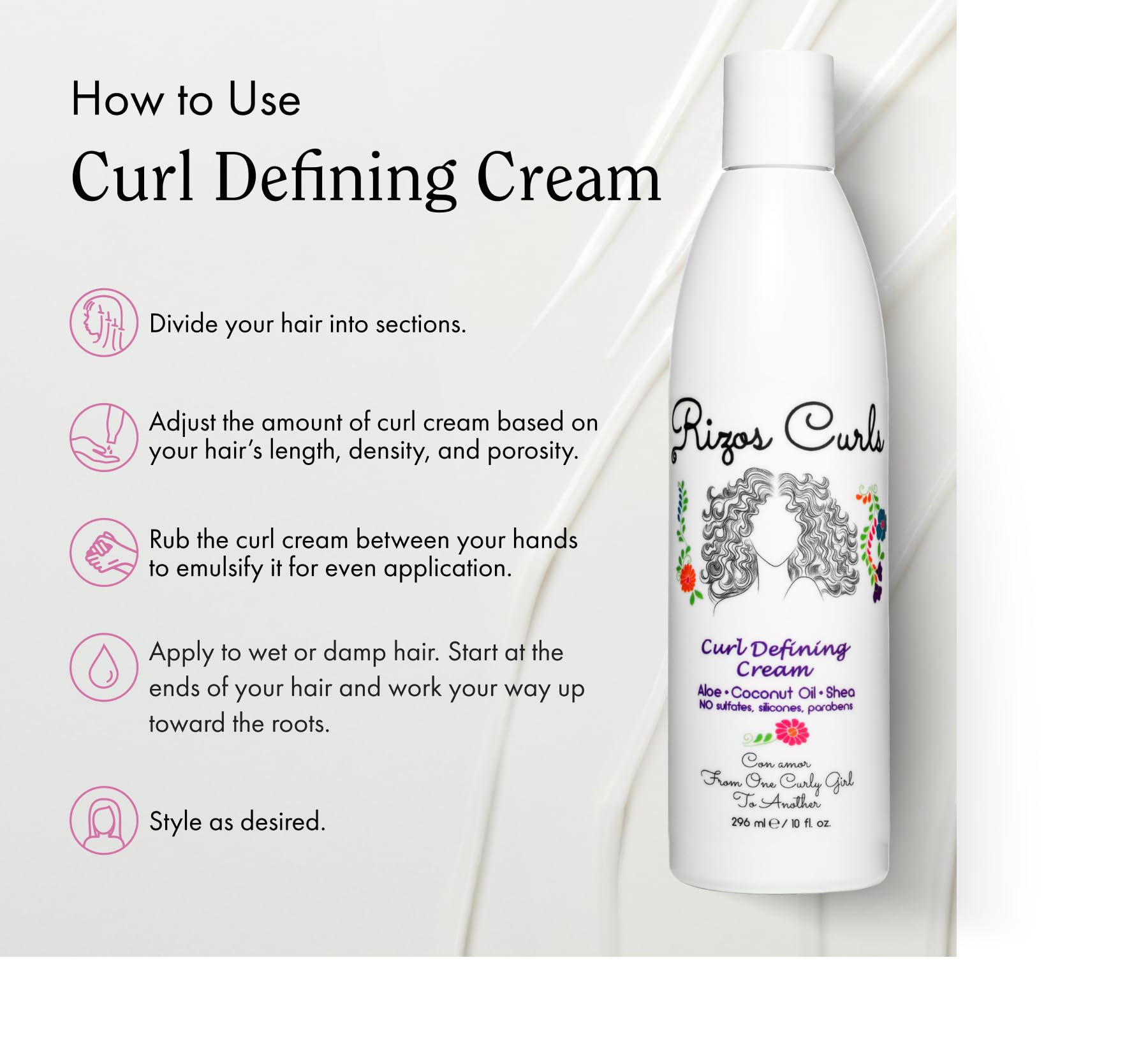 Rizos Curls highlights natural ingredients like aloe vera, shea butter, and coconut oil.
