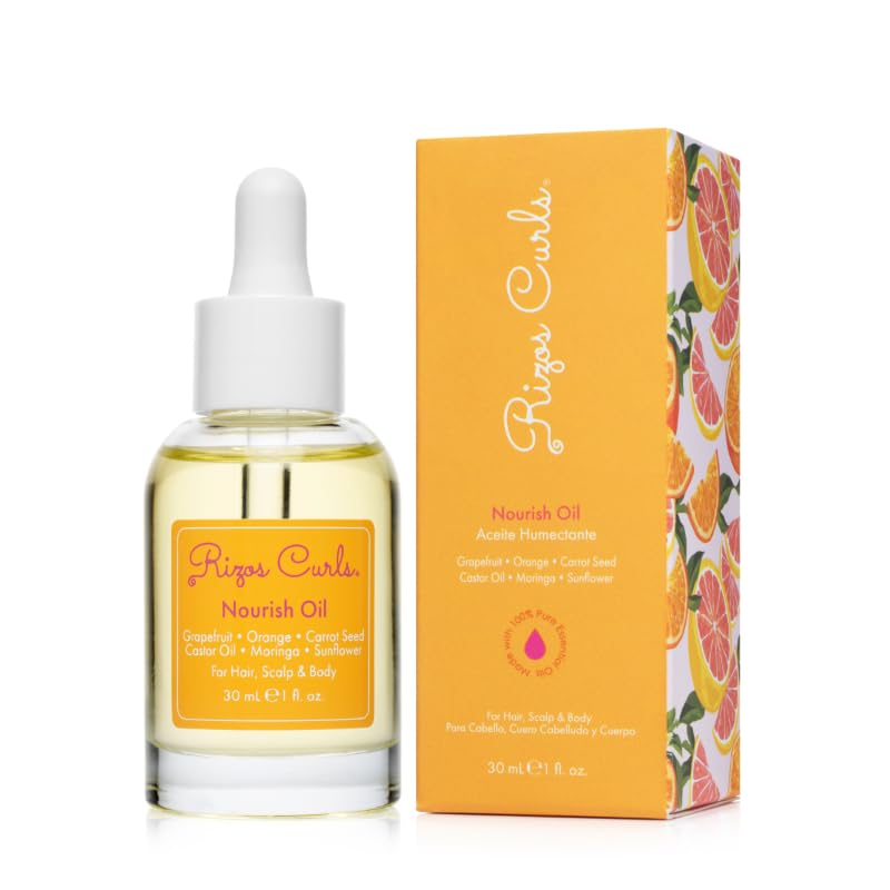 Rizos Curls Nourish Oil bottle pour delivers light frizz control and shine for all hair types