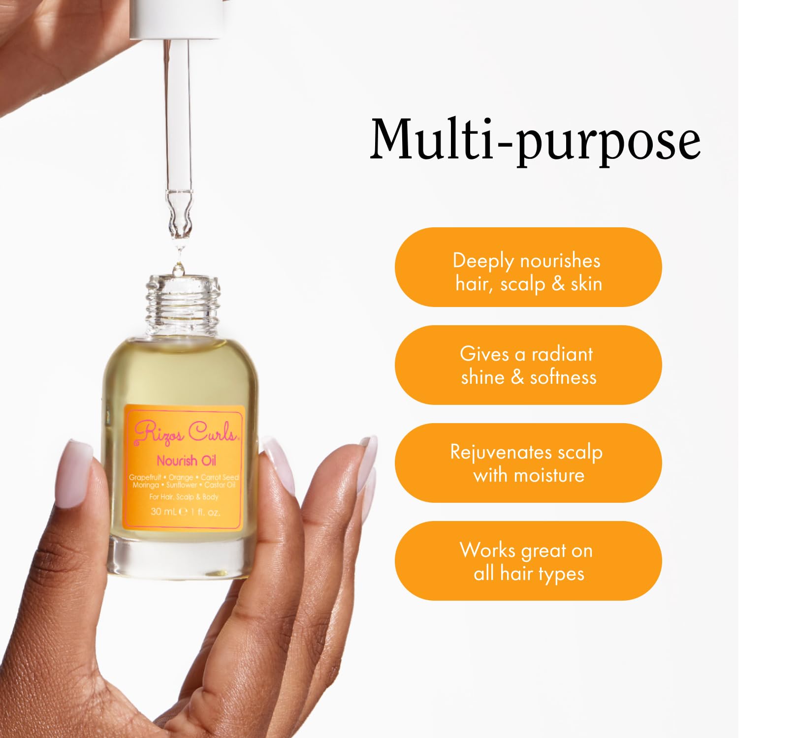 Rizos Curls Nourish Oil on damp strands enables pre-shampoo hydration