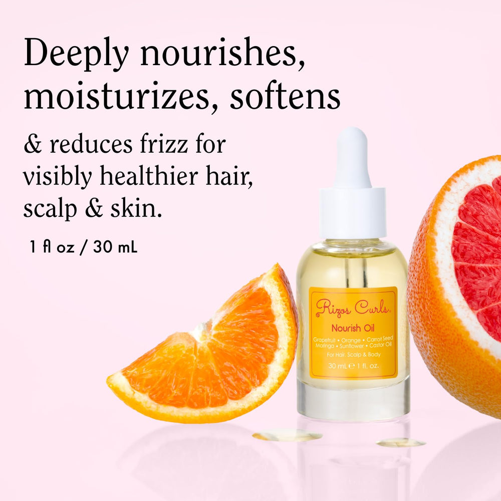 Rizos Curls Nourish Oil ingredients highlight showcases sunflower, coconut, and argan oils for moisture
