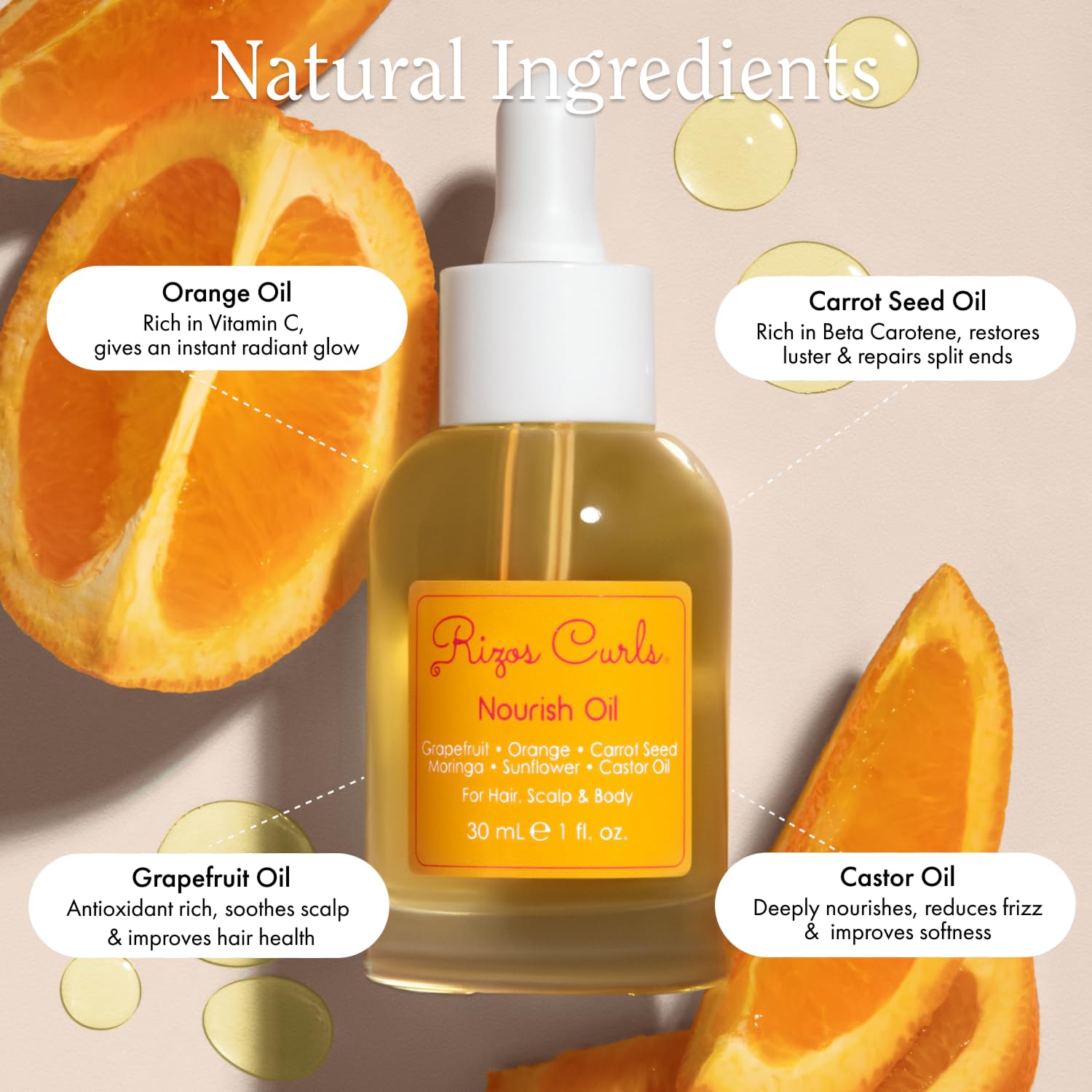 Rizos Curls Nourish Oil nozzle application demonstrates fast absorption with a non-greasy finish