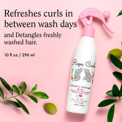 Rizos Curls Refresh and Detangle Spray mist on curls for hydrated texture