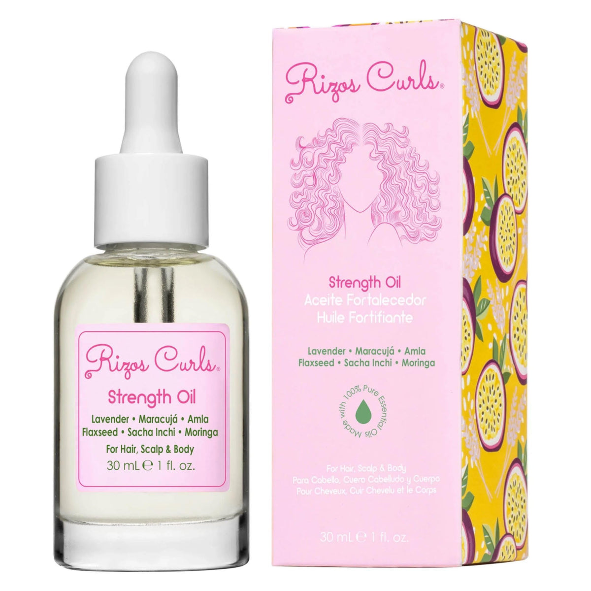 Rizos Curls Strength Oil bottle front promotes stronger, shinier hair.