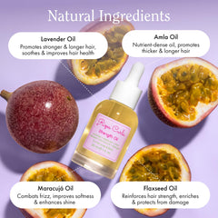 Rizos Curls Strength Oil label close-up emphasizes moisture-rich formula.