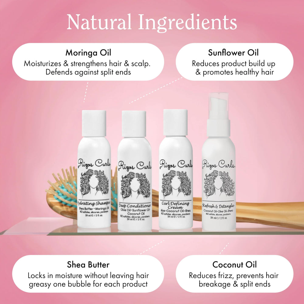 Rizos Curls travel kit curl cream bottle defining curls with shine.