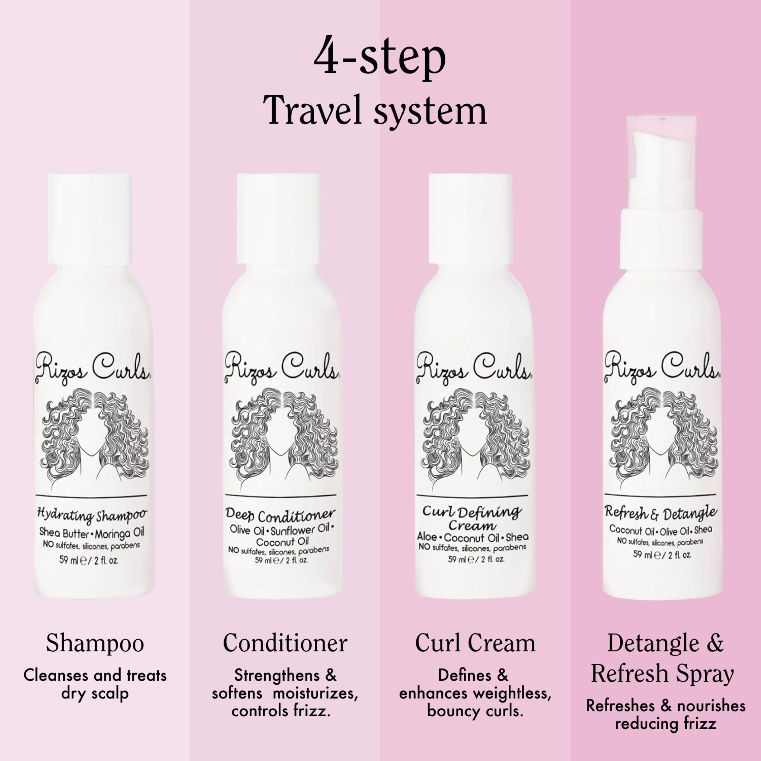 Rizos Curls travel kit deep conditioner bottle for nourishing frizz control.