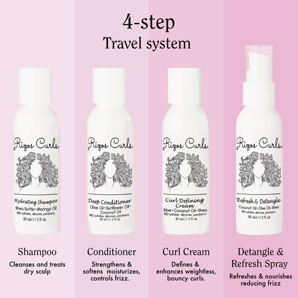 Rizos Curls travel kit deep conditioner bottle for nourishing frizz control.