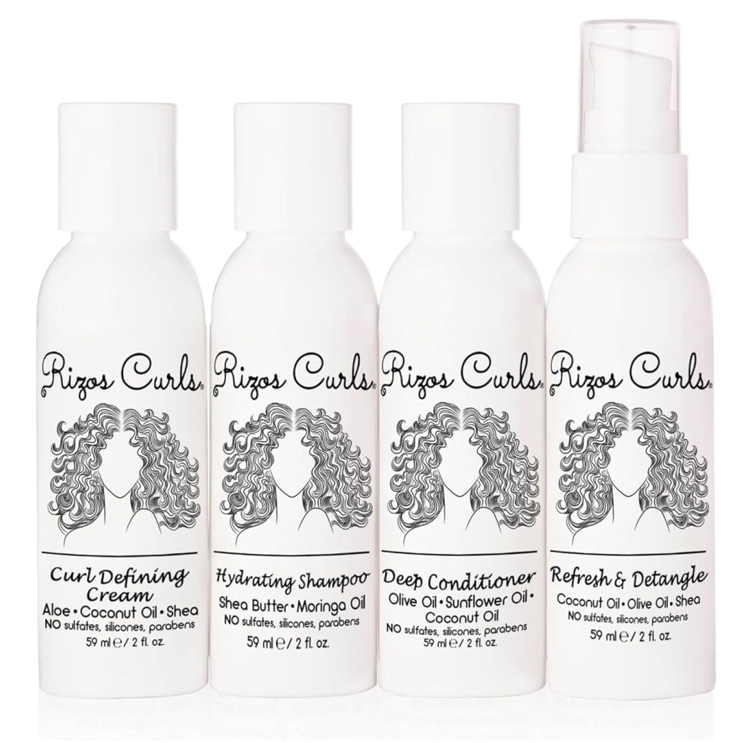 Rizos Curls travel kit hydrating shampoo bottle for gentle cleansing and moisture.