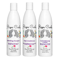 Rizos Curls trio bundle pack shot showing complete curly care set