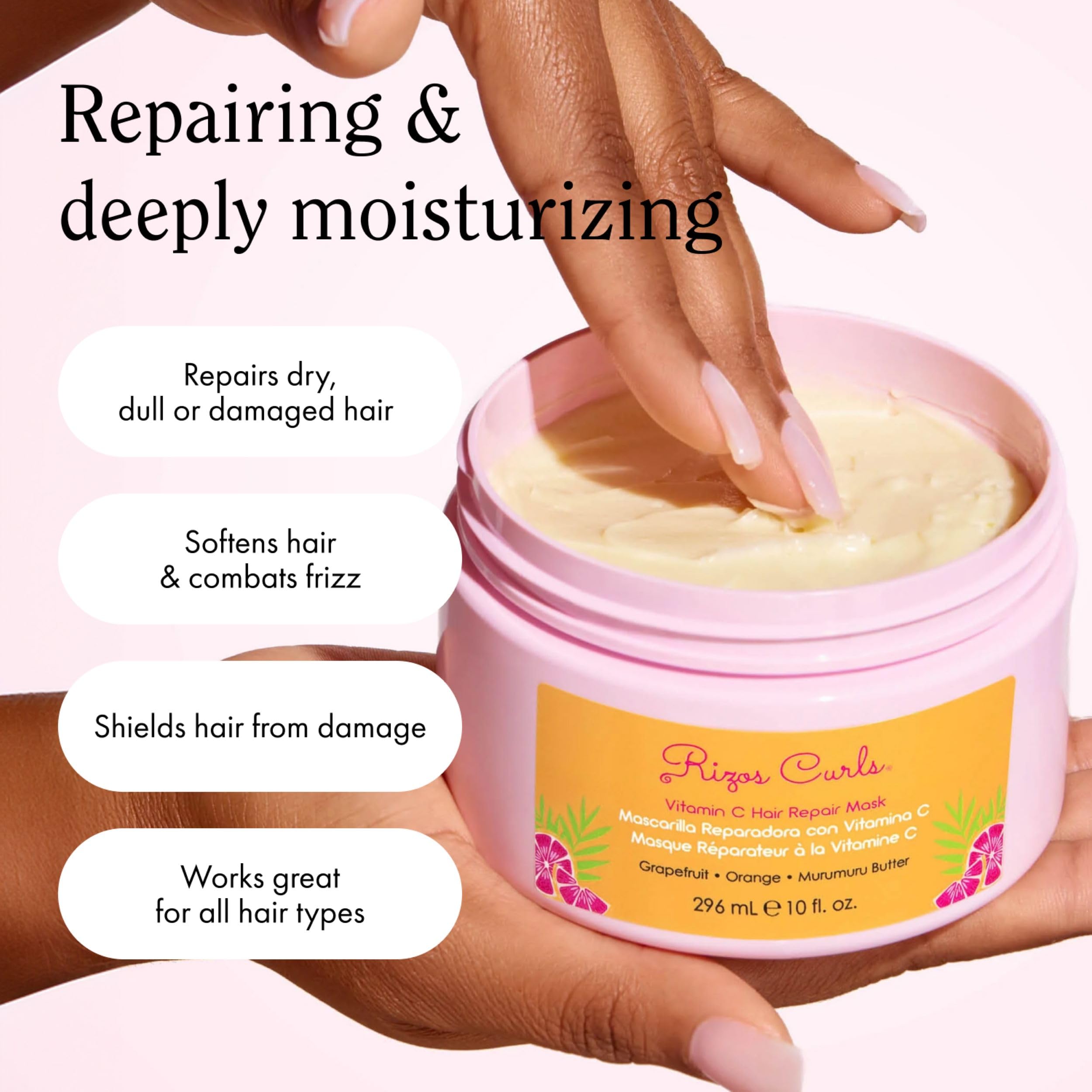 Rizos Curls Vitamin C Hair Repair Mask texture close-up suggests rich moisture.