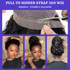 RJAOB Deep Wave wig showing hidden strap and drawstring for secure fit.