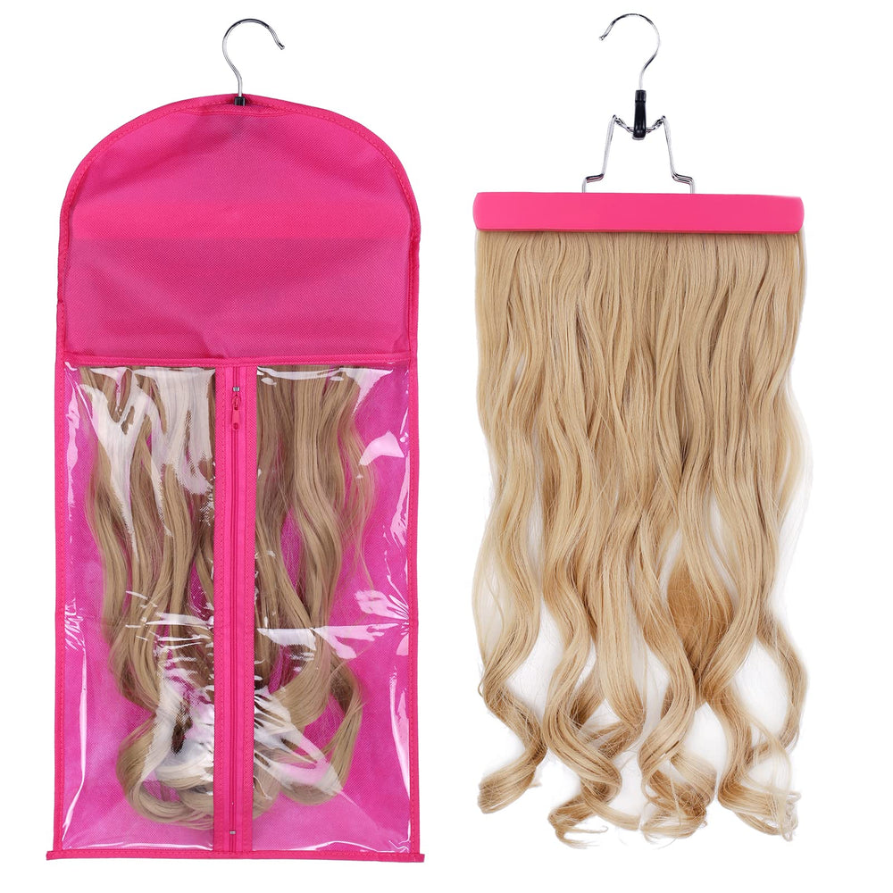 RJMBMUP pink hair extension hanger keeps bundles organized and tangle-free.