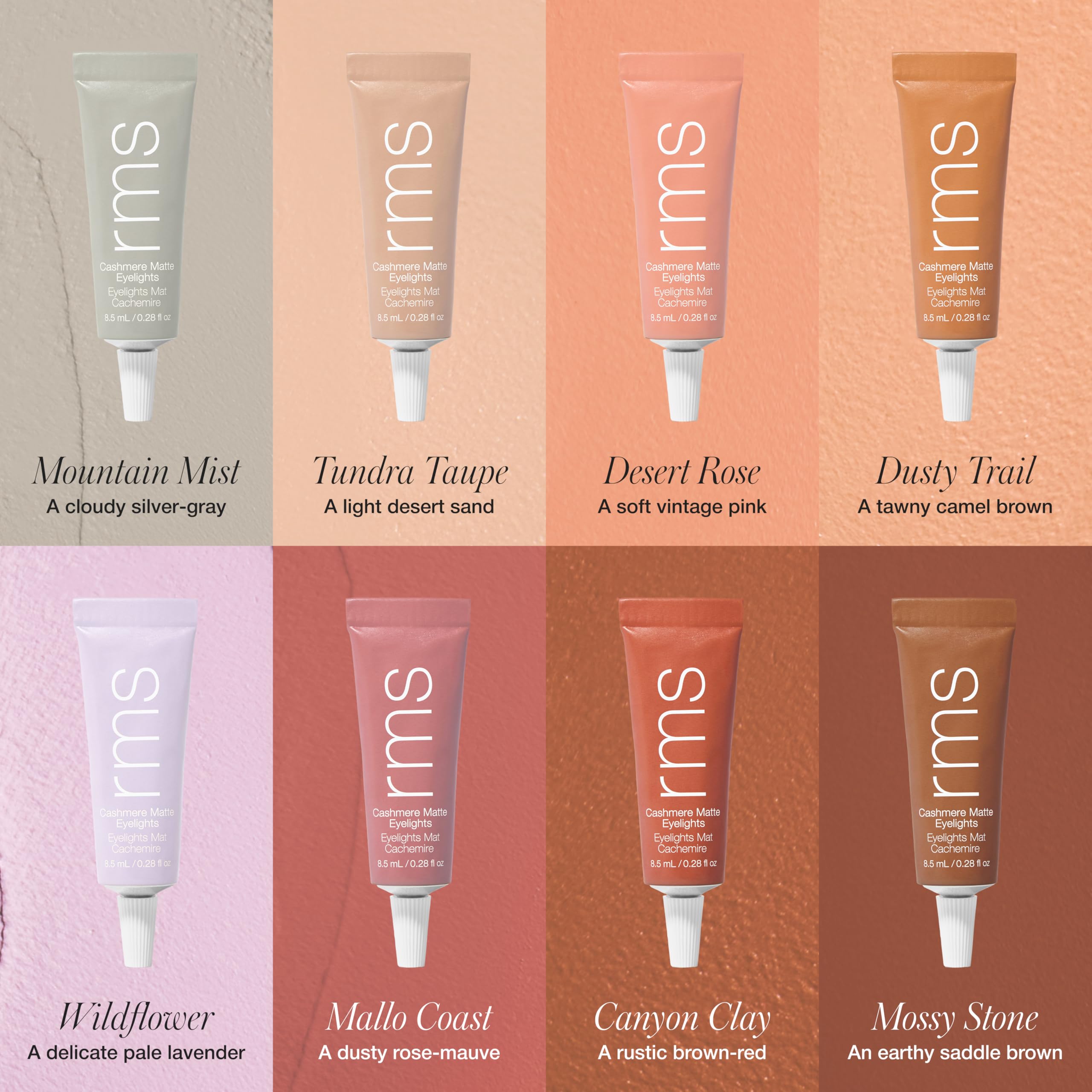 RMS Beauty Cashmere Matte Eyelights swatches show buildable matte coverage for natural looks.