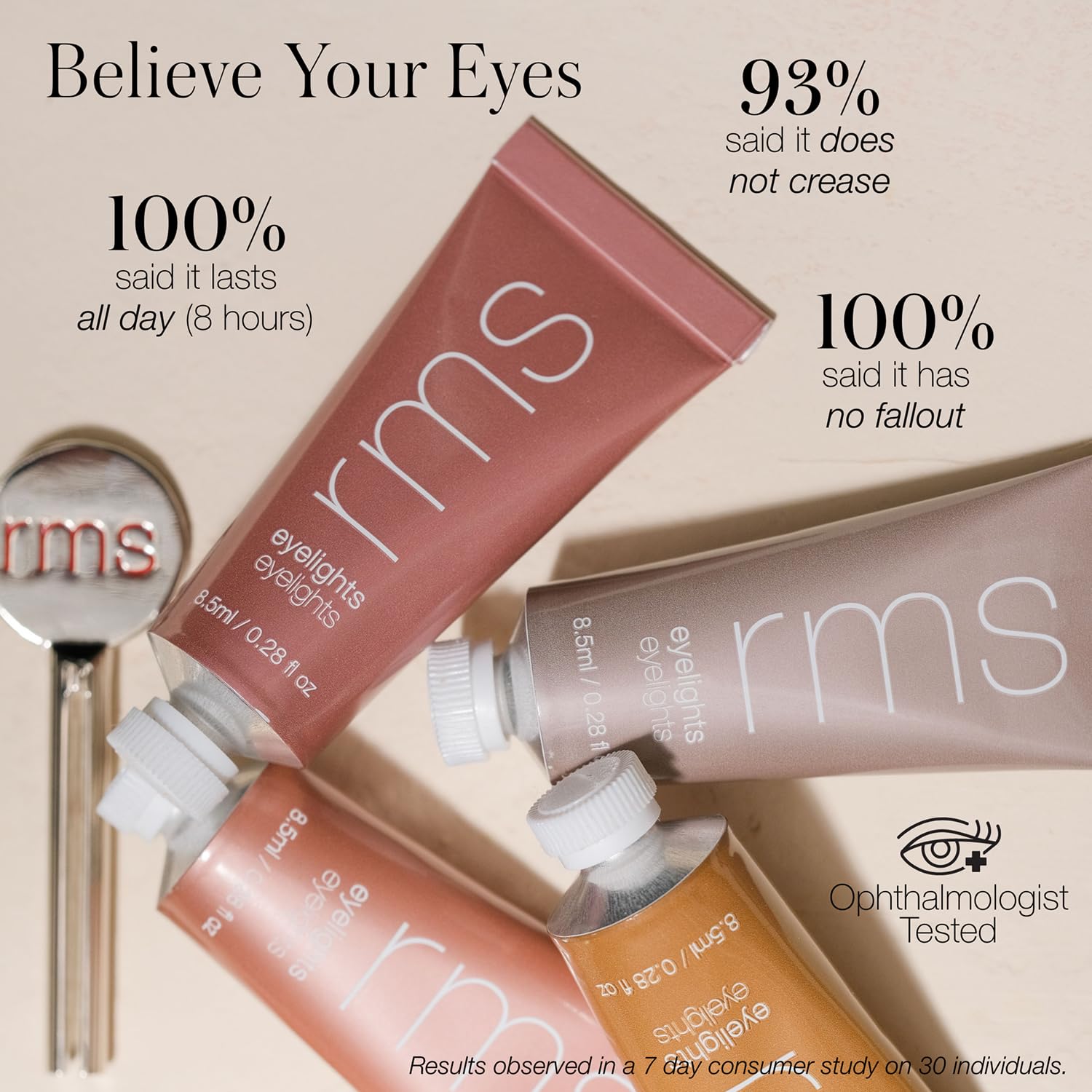 RMS Beauty Eyelights smudge-proof finish keeps color intact through hours.
