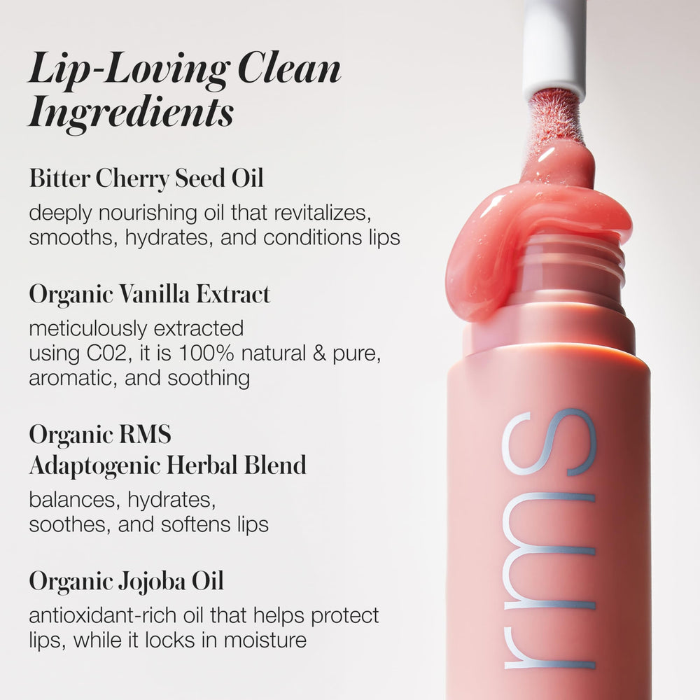 RMS Beauty Legendary Lip Oil jojoba oil close-up highlighting nourishing moisture.