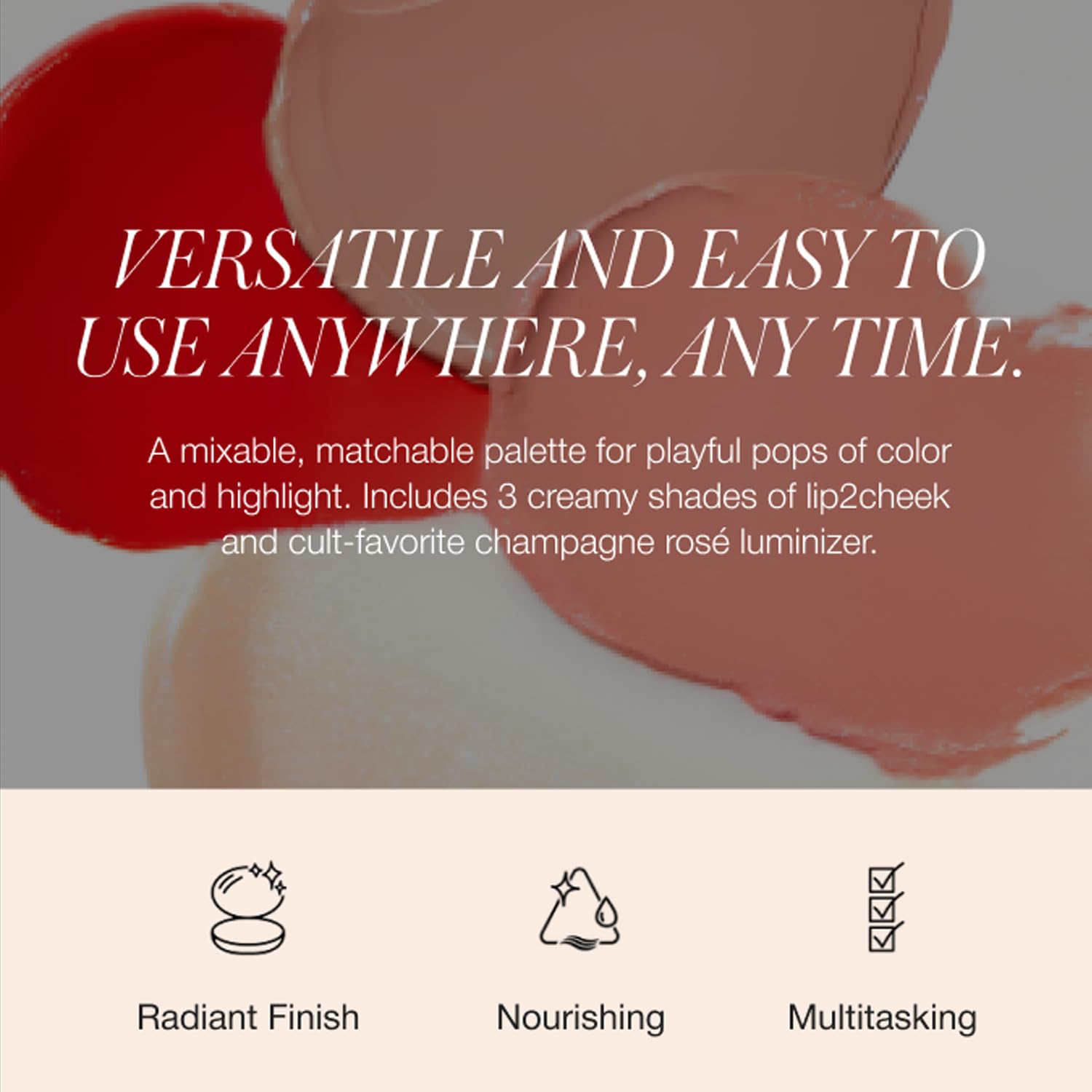 Packaging shot emphasizes the compact, travel-friendly RMS Lip2Cheek Glow Quad