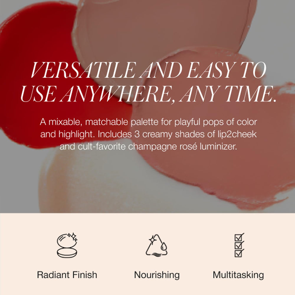 Packaging shot emphasizes the compact, travel-friendly RMS Lip2Cheek Glow Quad