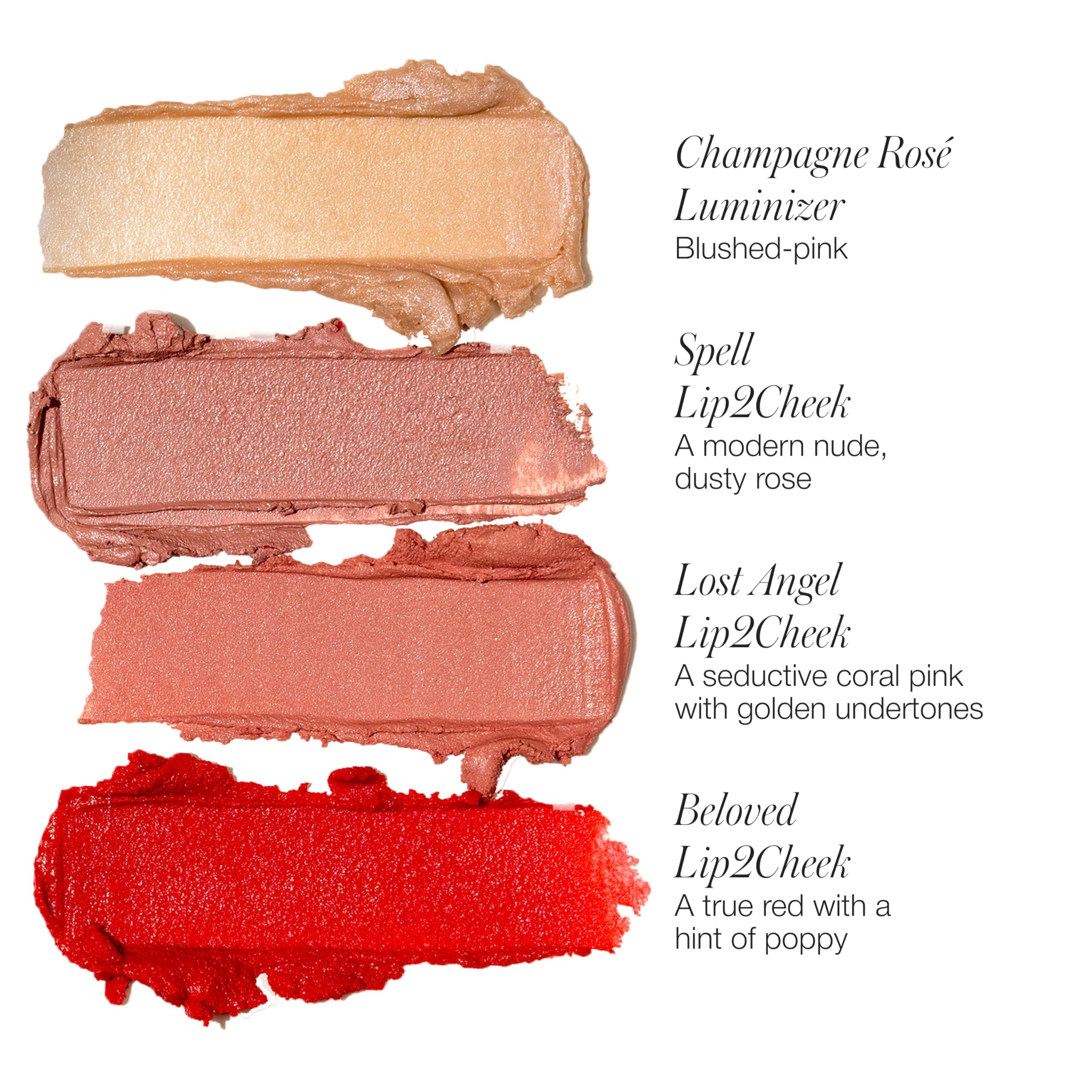 Swatches on skin reveal buildable color and dewy finish from RMS Lip2Cheek Glow Quad