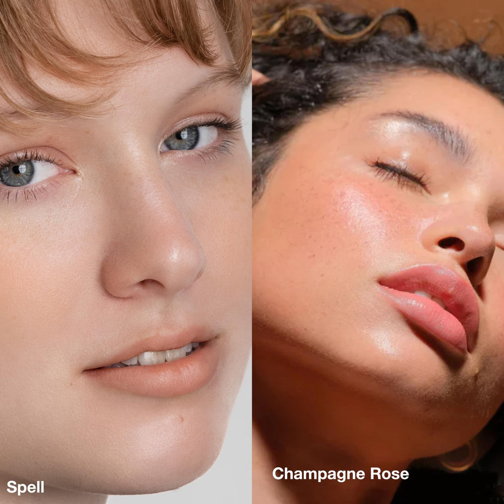 Model wears Lip2Cheek Glow Quad on lips and cheeks for cohesive color