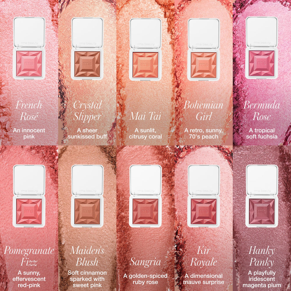 RMS Beauty Redimension Hydra Powder Blush swatch on skin shows a soft, luminous glow.