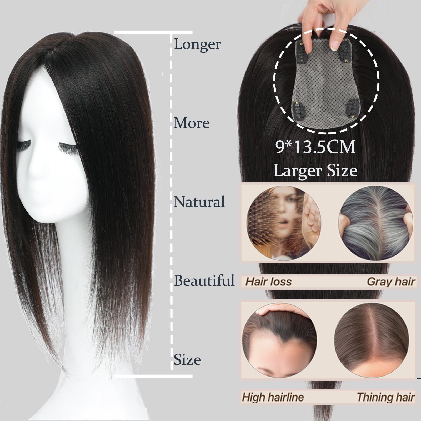 RMYHIG virgin Remy hair topper offers soft texture for easy styling.