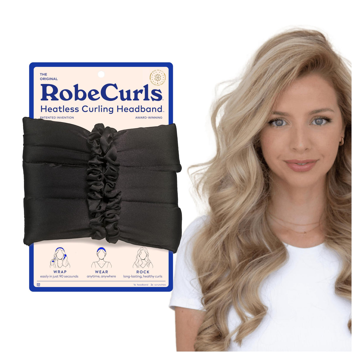 RobeCurls Original headband closeup showing secure wire hold for lasting heatless curls.