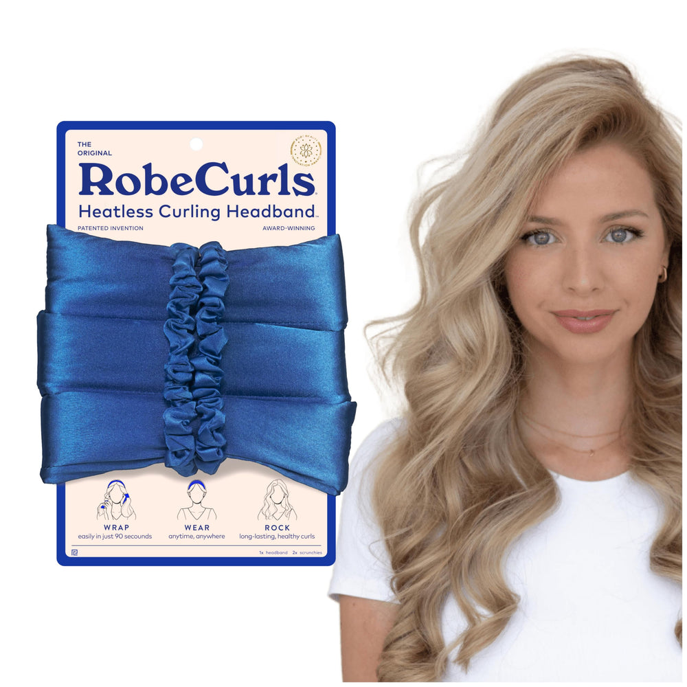 RobeCurls heatless curler on cobalt satin headband for overnight curls without heat