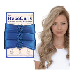 RobeCurls heatless curler on cobalt satin headband for overnight curls without heat
