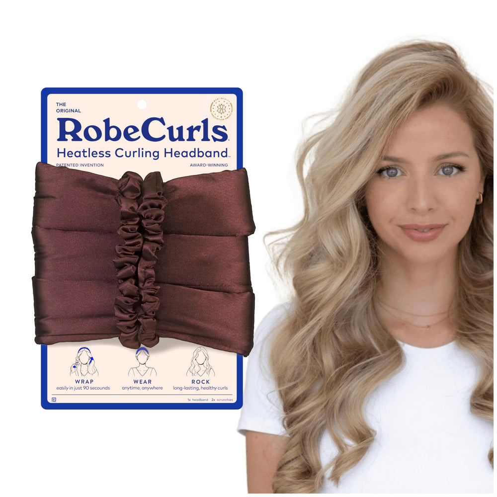 RobeCurls Original heatless headband in mocha delivers overnight curls with satin comfort.