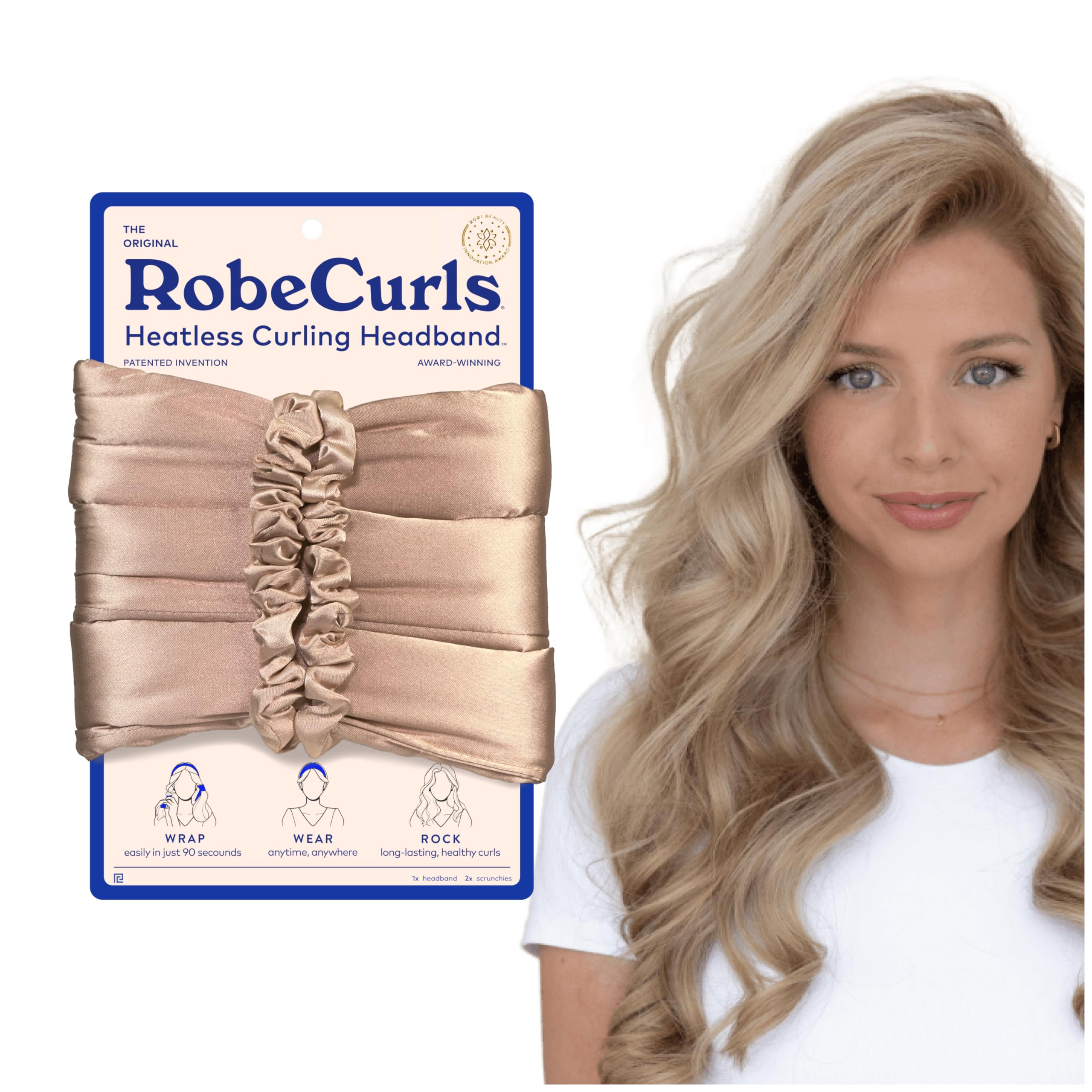 RobeCurls Original heatless headband setup secures curls overnight, offering damage-free results.