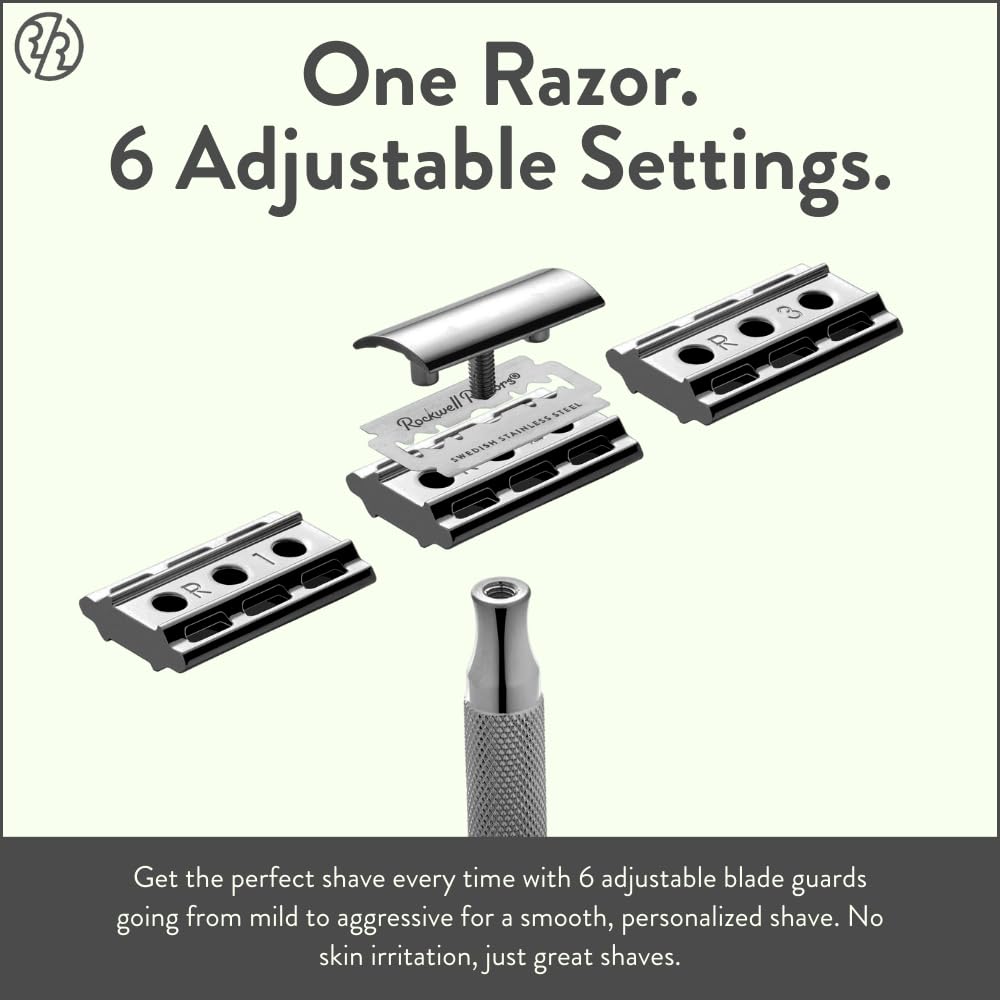 Rockwell Razors 6C adjustment dial close-up demonstrates six shave settings for customization