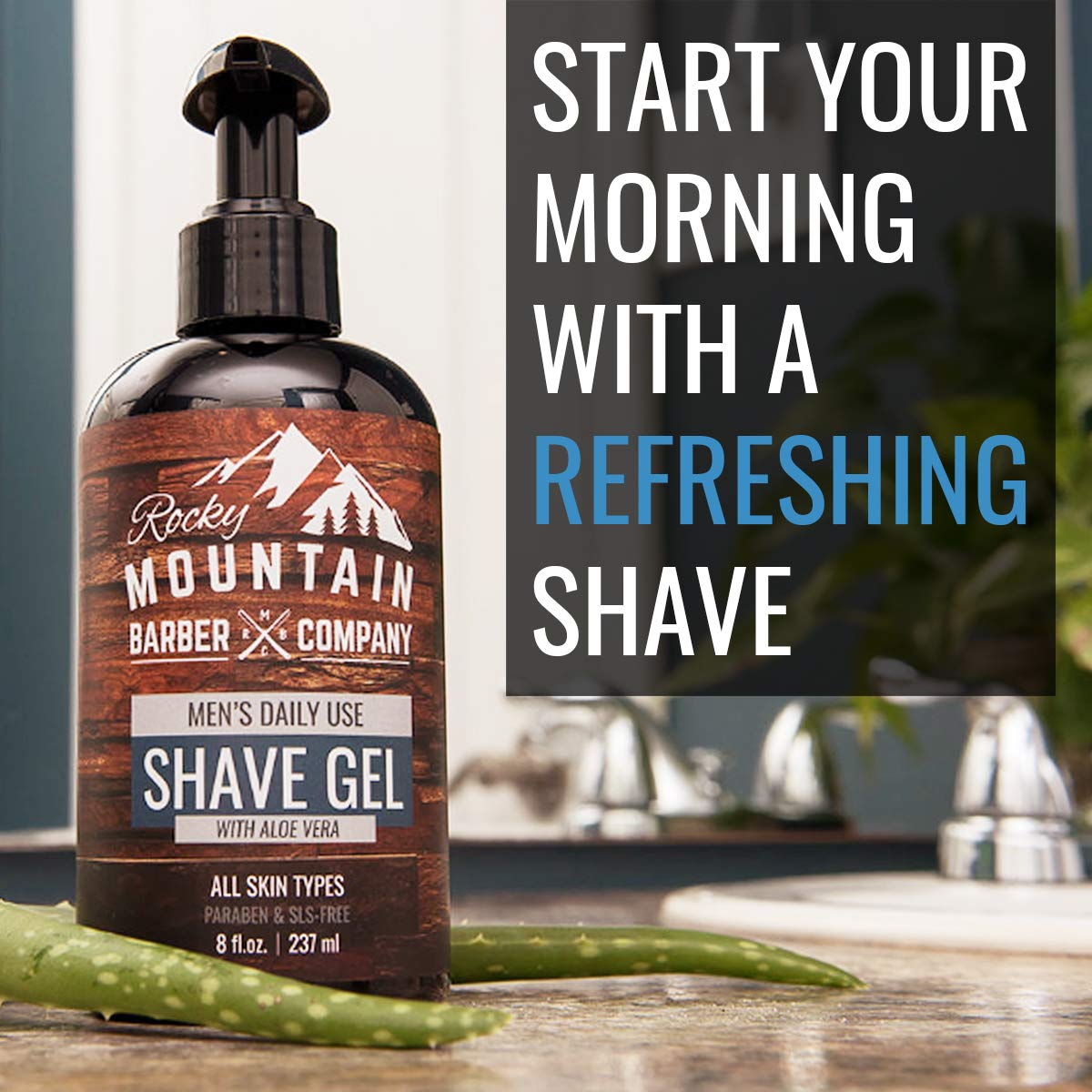 Rocky Mountain Barber Company 8oz-bottle-display demonstrates generous, long-lasting shave gel supply.