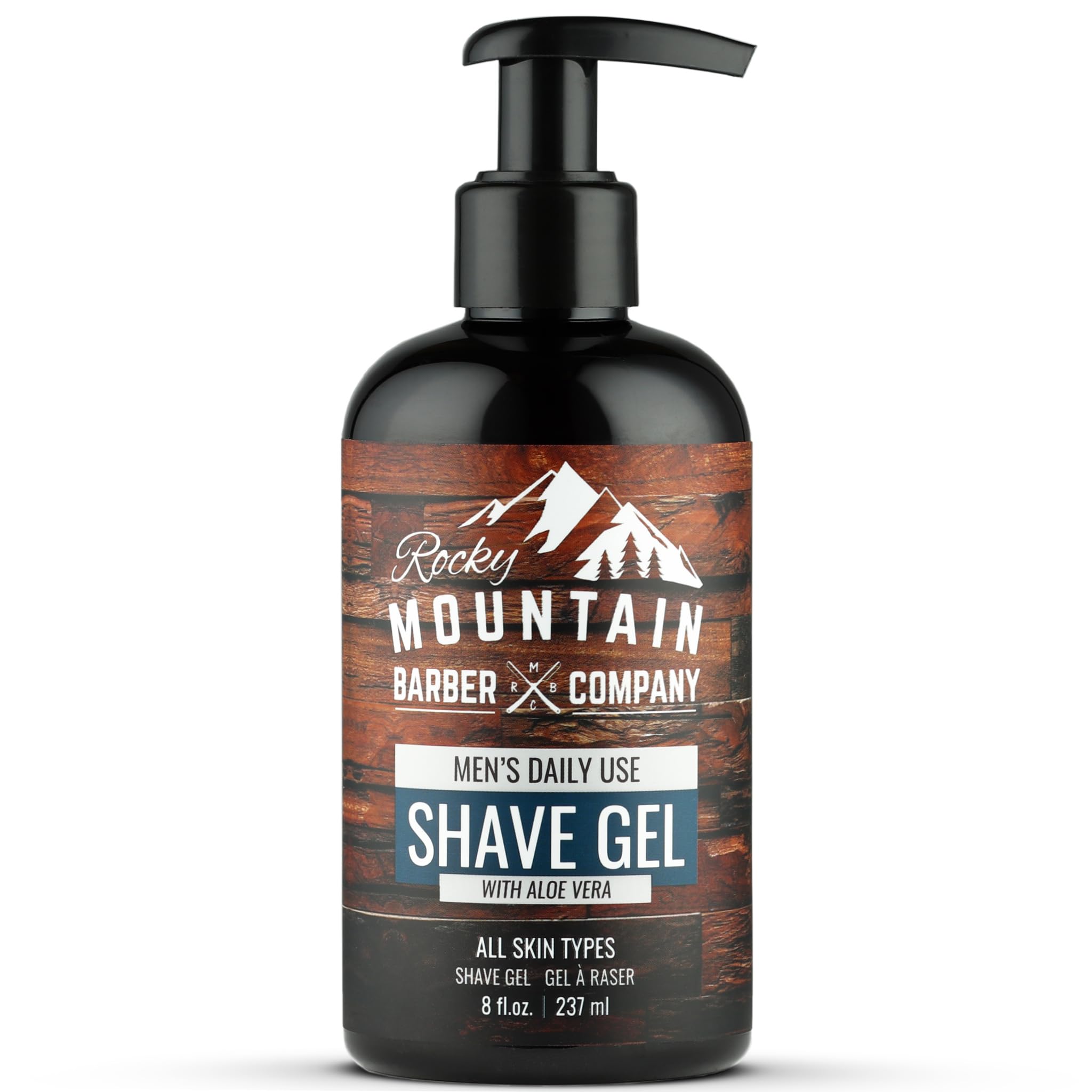 Rocky Mountain Barber Company clear shave gel in pump-cap for precise, visible shaving.