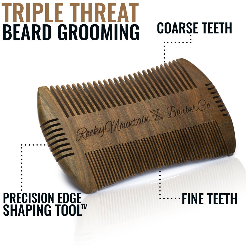 Rocky Mountain Barber Company sandalwood beard comb handle closeup emphasizes grip and scent.