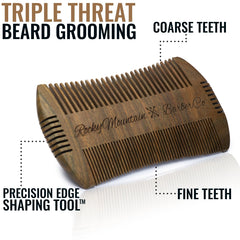 Rocky Mountain Barber Company sandalwood beard comb handle closeup emphasizes grip and scent.