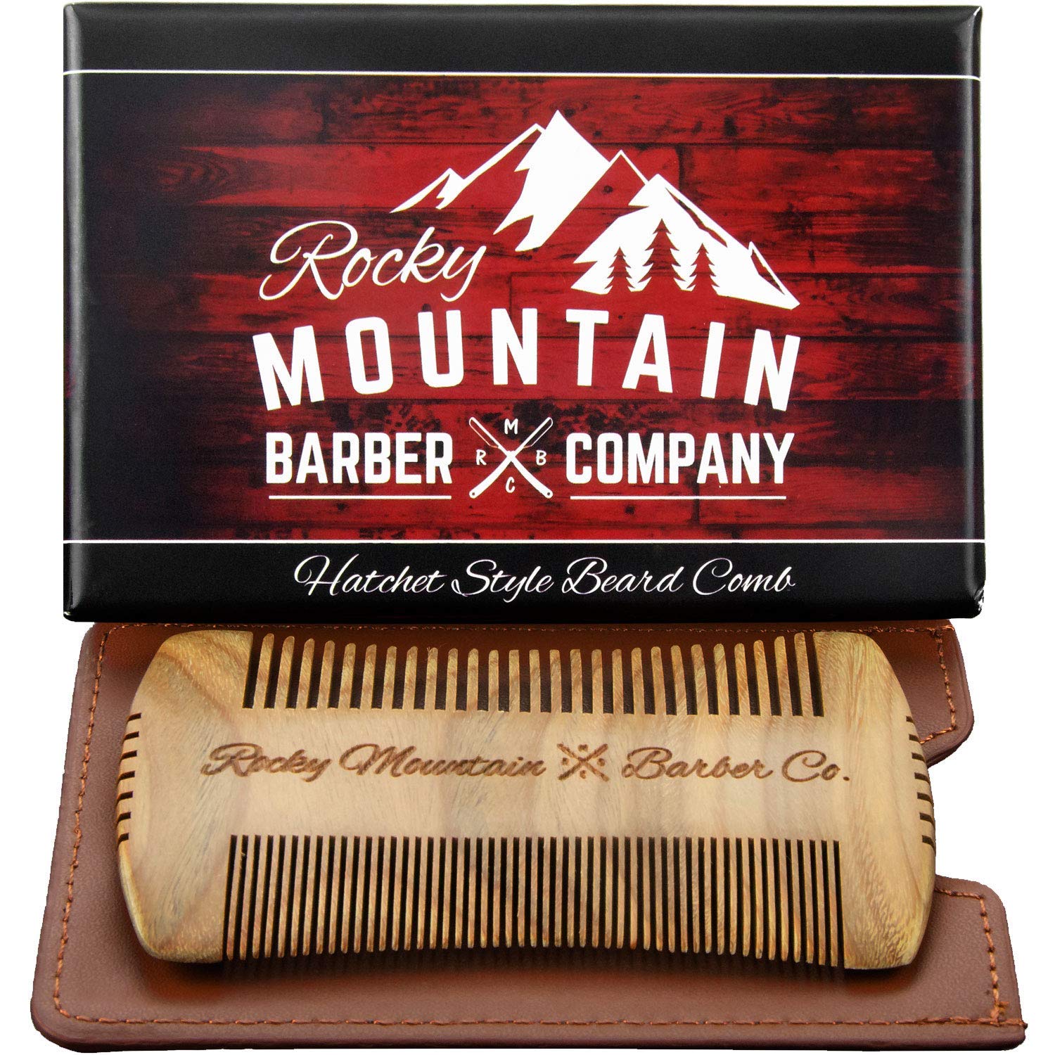Rocky Mountain Barber Company beard comb sandalwood hatchet closeup shows smooth edges for gentle detangling.