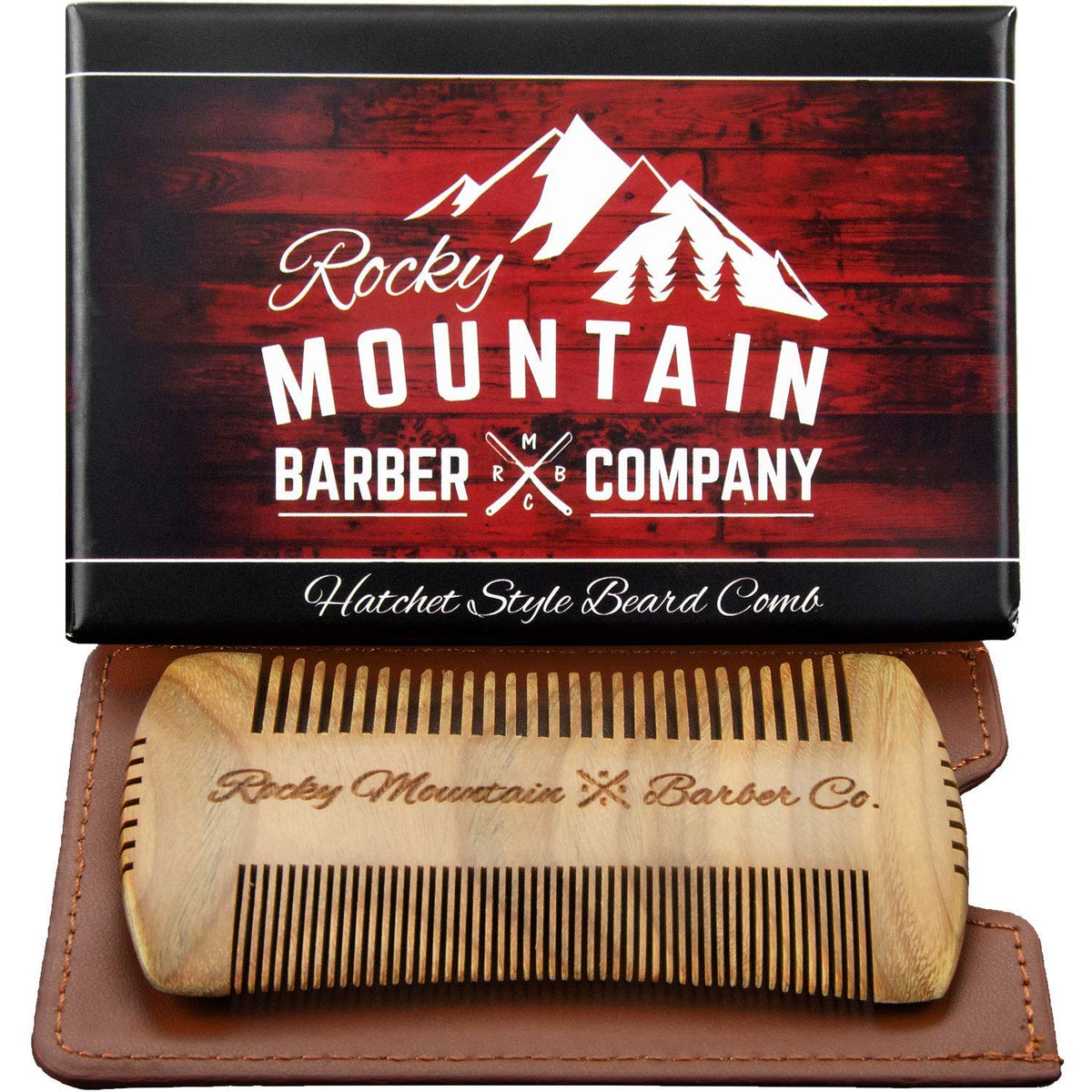 Rocky Mountain Barber Company beard comb sandalwood hatchet closeup shows smooth edges for gentle detangling.