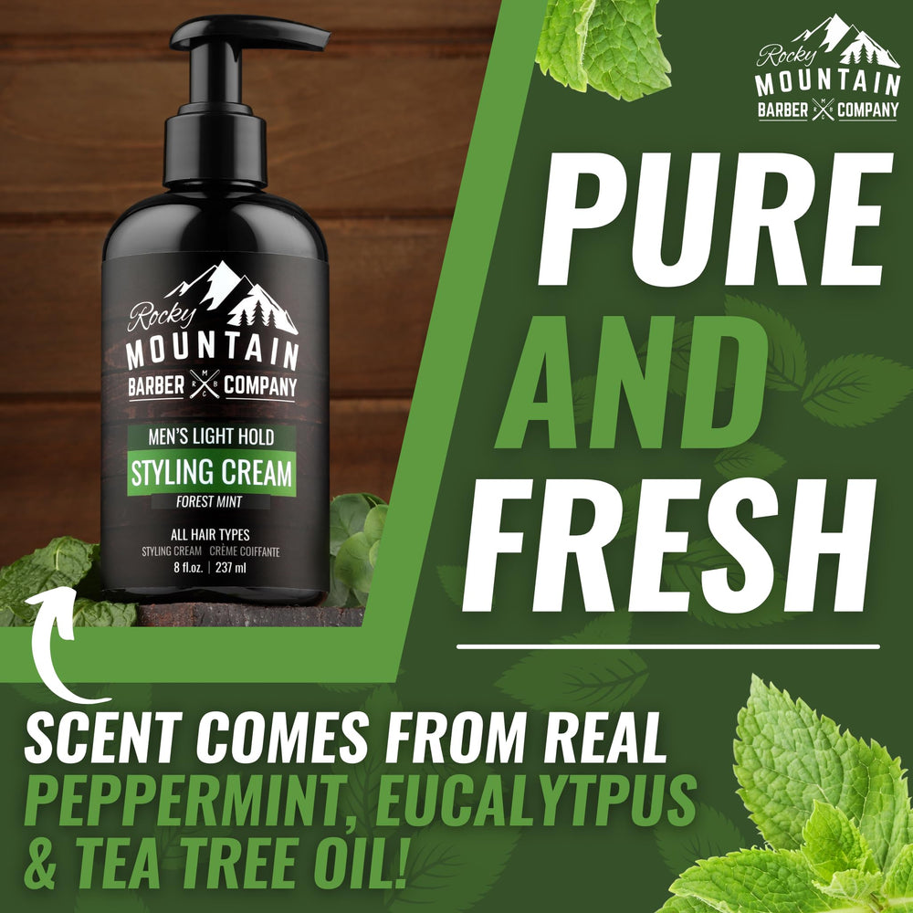 Rocky Mountain Barber Company crema de peinado, fragancia Forest Mint suave para aroma fresco.
