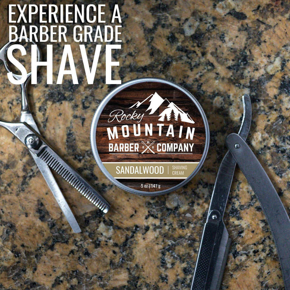 Rocky Mountain Barber Co open tin reveals smooth cream ready to lather.