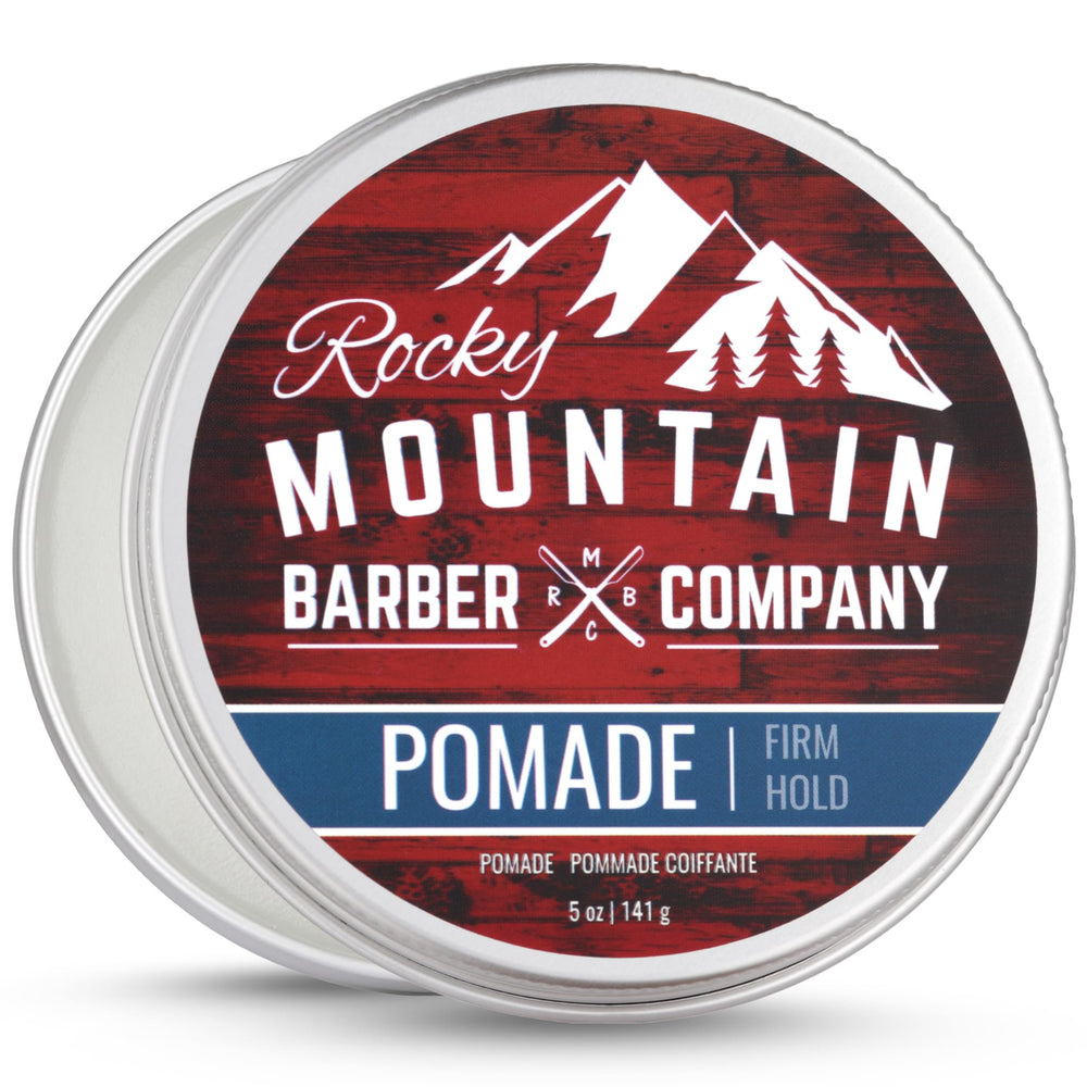 Rocky Mountain Barber Company pomade strong-hold tin closeup for long-lasting style