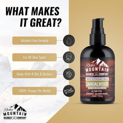 Rocky Mountain Barber Co. sandalwood essence highlights authentic scent for a refined grooming ritual.