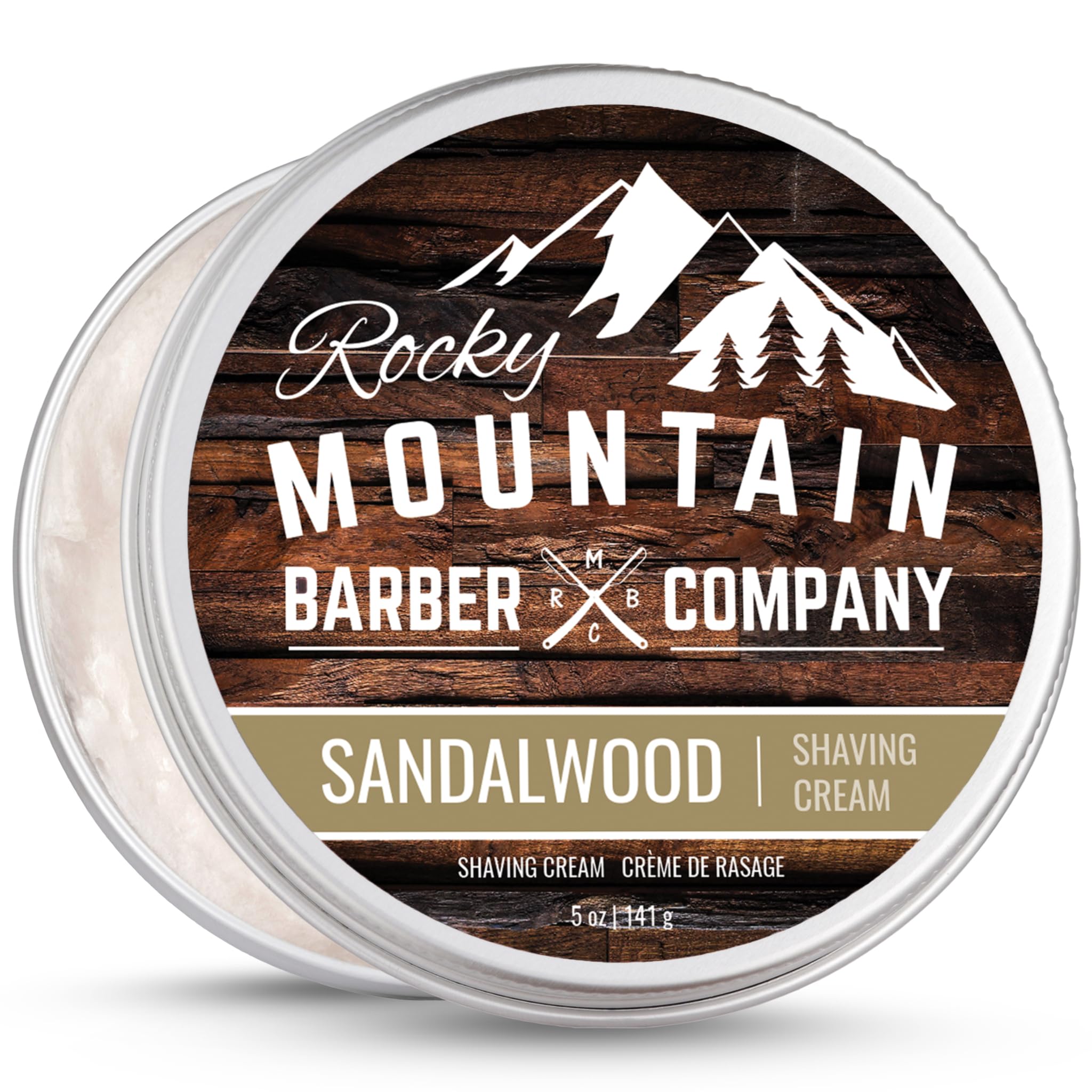 Rocky Mountain Barber Co shaving cream close-up with sandalwood essential oil and rich lather.