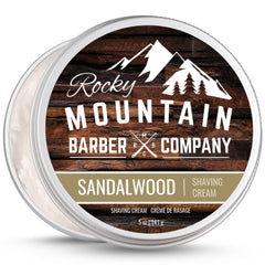 Rocky Mountain Barber Co shaving cream close-up with sandalwood essential oil and rich lather.